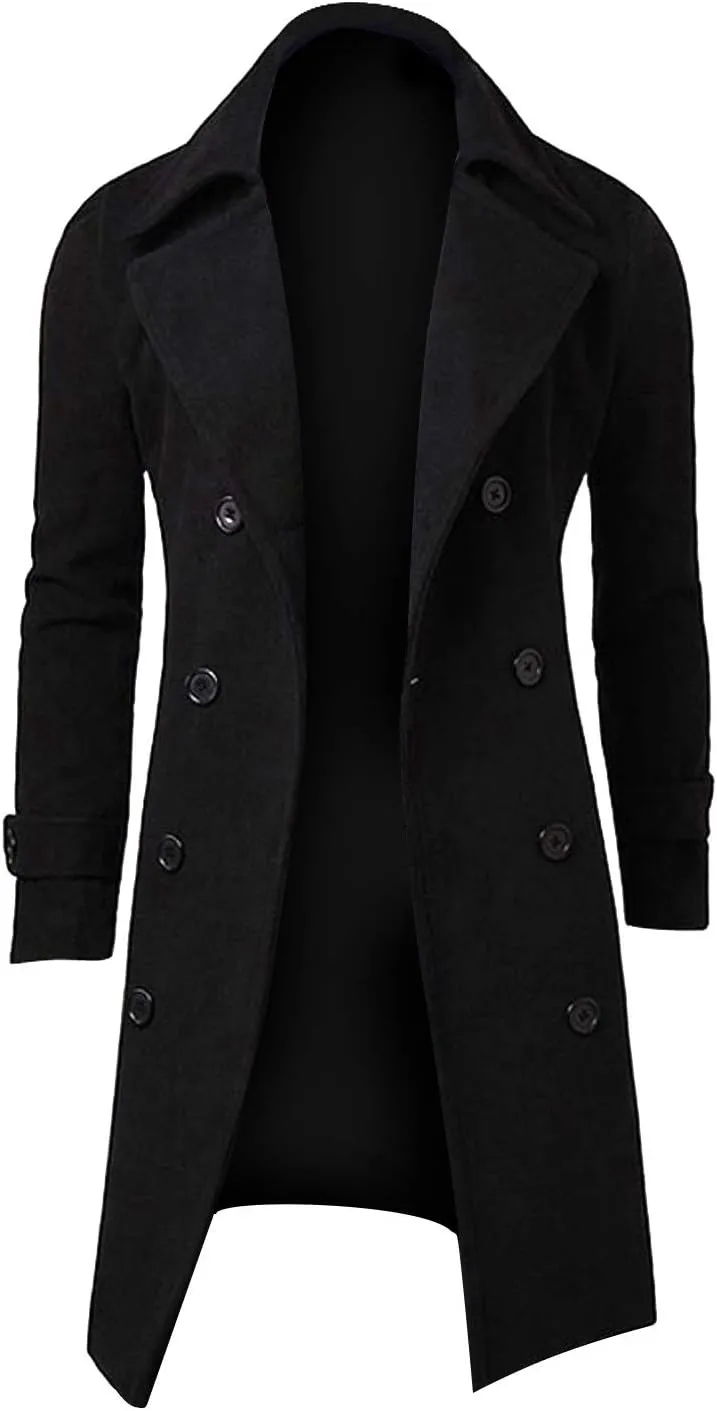 Fxbar Mens Jackets Blue Men'S Solid Color Spread Collar Trench Coat Classic Single Breasted Extra Long Jacket Streetwear (W1-Black, M)