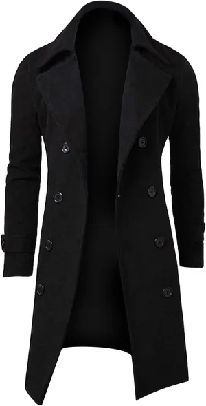 Fxbar Mens Jackets Blue Men'S Solid Color Spread Collar Trench Coat Classic Single Breasted Extra Long Jacket Streetwear (W1-Black, M)