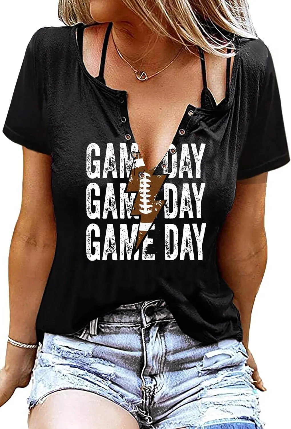 Game Day Outfits Shirts Women V Neck Football Graphic Tee Tops Funny Football Game Day Shirts for Teen Girls