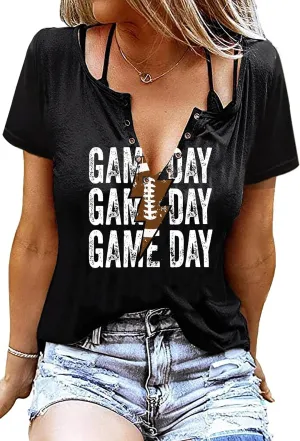 Game Day Outfits Shirts Women V Neck Football Graphic Tee Tops Funny Football Game Day Shirts for Teen Girls