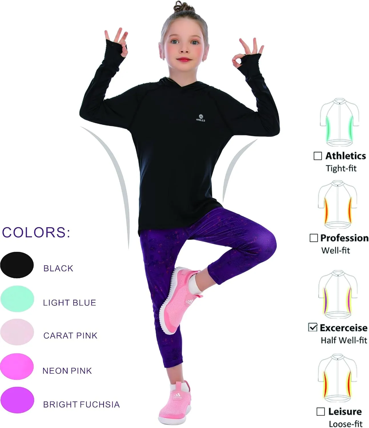 Girl's Athletic Hoodie,Light Weight/Long Sleeve/Thumb Hole/Dry Fit/SPF 4-12Year