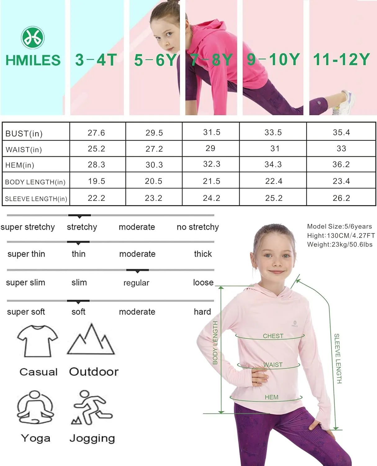 Girl's Athletic Hoodie,Light Weight/Long Sleeve/Thumb Hole/Dry Fit/SPF 4-12Year