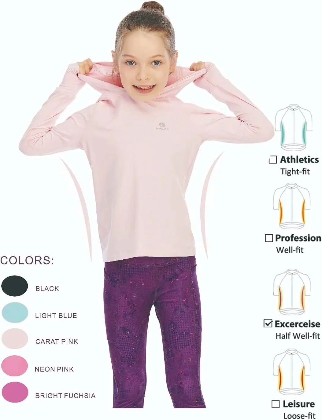 Girl's Athletic Hoodie,Light Weight/Long Sleeve/Thumb Hole/Dry Fit/SPF 4-12Year