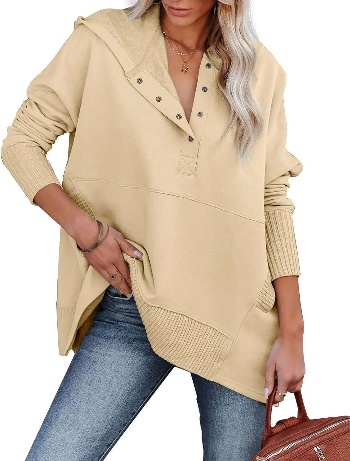 Glanzition Women Casual Hooded Sweatshirt Button Up V Neck Pullover Sweatshirts Oversized Tops with Pockets