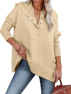 Glanzition Women Casual Hooded Sweatshirt Button Up V Neck Pullover Sweatshirts Oversized Tops with Pockets