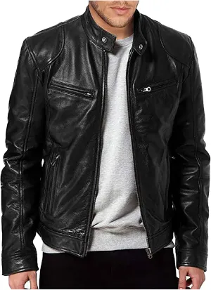 GOFULY Leather Jacket Men Big And Tall Outdoor Zip Up Stand Collar Jacket Faux Leather Motocycle Coats Outwear With Pockets