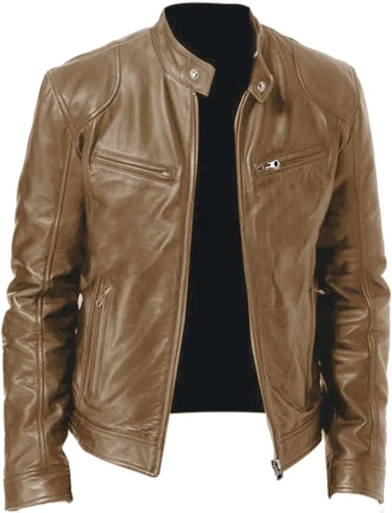 GOFULY Leather Jacket Men Big And Tall Outdoor Zip Up Stand Collar Jacket Faux Leather Motocycle Coats Outwear With Pockets