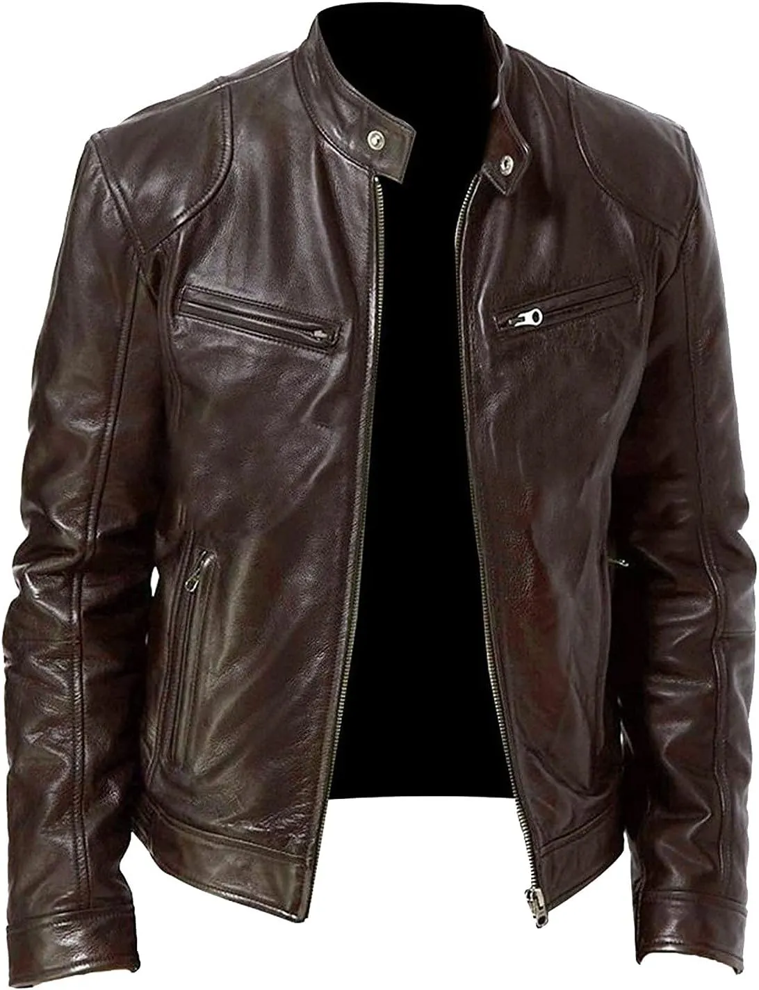 GOFULY Leather Jacket Men Big And Tall Outdoor Zip Up Stand Collar Jacket Faux Leather Motocycle Coats Outwear With Pockets