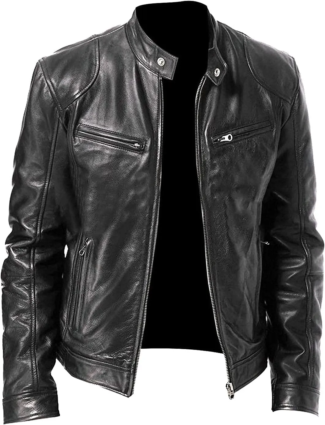 GOFULY Leather Jacket Men Big And Tall Outdoor Zip Up Stand Collar Jacket Faux Leather Motocycle Coats Outwear With Pockets