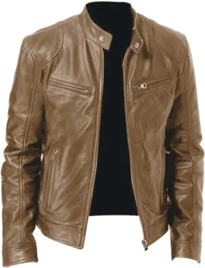 GOFULY Leather Jacket Men Big And Tall Outdoor Zip Up Stand Collar Jacket Faux Leather Motocycle Coats Outwear With Pockets