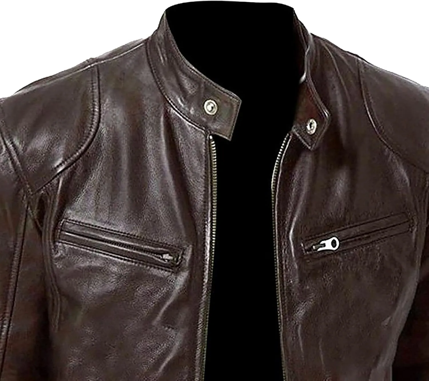 GOFULY Leather Jacket Men Big And Tall Outdoor Zip Up Stand Collar Jacket Faux Leather Motocycle Coats Outwear With Pockets