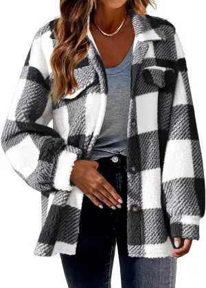 GOFULY Womens Winter Coats Casual Fuzzy Fleece Hoodies Button up Fall Sherpa Jackets Warm Plaid Cardigans Trendy Outerwear