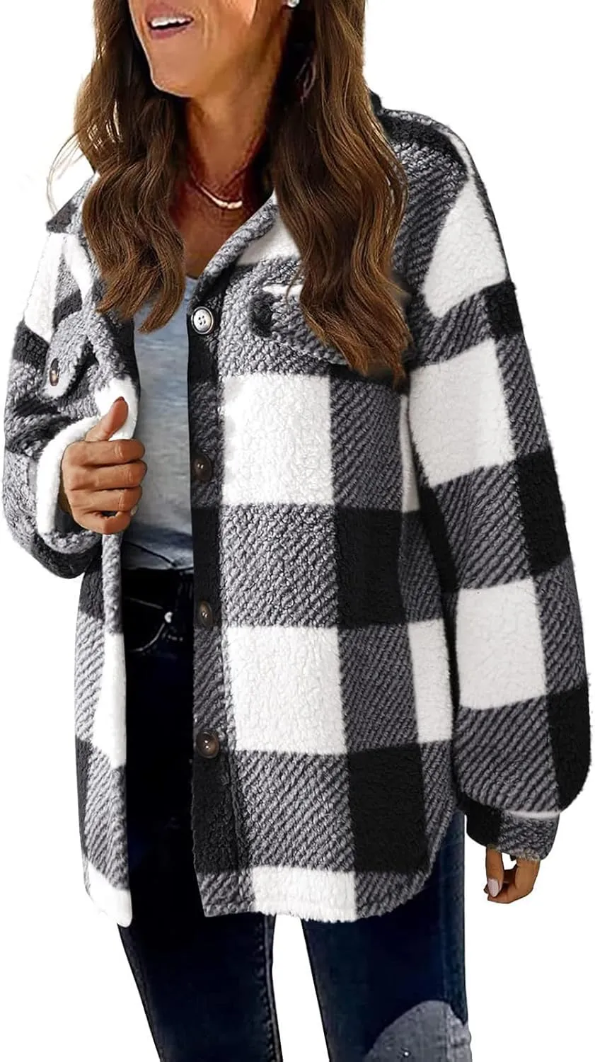 GOFULY Womens Winter Coats Casual Fuzzy Fleece Hoodies Button up Fall Sherpa Jackets Warm Plaid Cardigans Trendy Outerwear