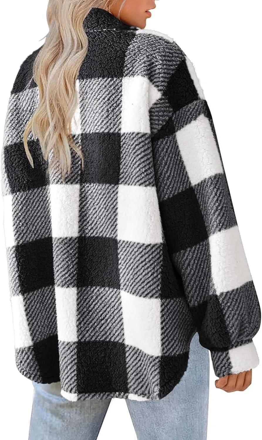 GOFULY Womens Winter Coats Casual Fuzzy Fleece Hoodies Button up Fall Sherpa Jackets Warm Plaid Cardigans Trendy Outerwear