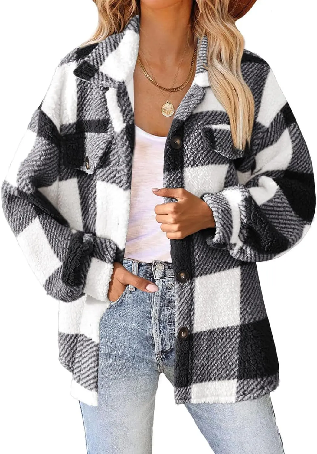 GOFULY Womens Winter Coats Casual Fuzzy Fleece Hoodies Button up Fall Sherpa Jackets Warm Plaid Cardigans Trendy Outerwear