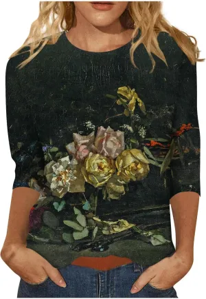 Going Out Tops for Women Floral Print Crewneck Blouses 3/4 Sleeve Baggy Tunic Tops Cute Loose Casual Pullover