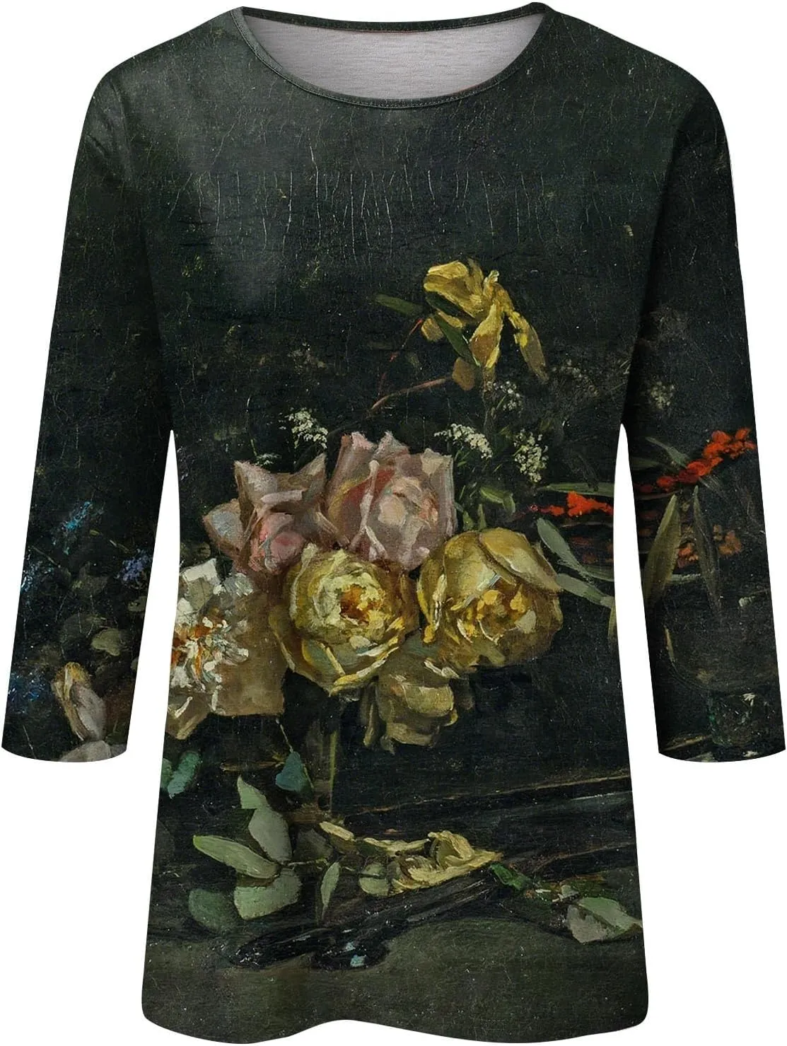 Going Out Tops for Women Floral Print Crewneck Blouses 3/4 Sleeve Baggy Tunic Tops Cute Loose Casual Pullover