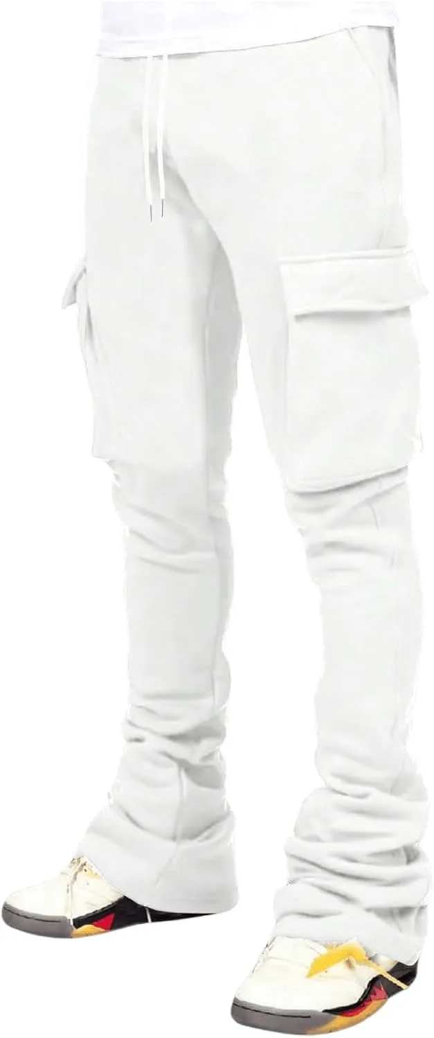 GORGLITTER Men's Stacked Wide Leg Cargo Pants Baggy Y2K Elastic Drawstring Trouser Street Pants