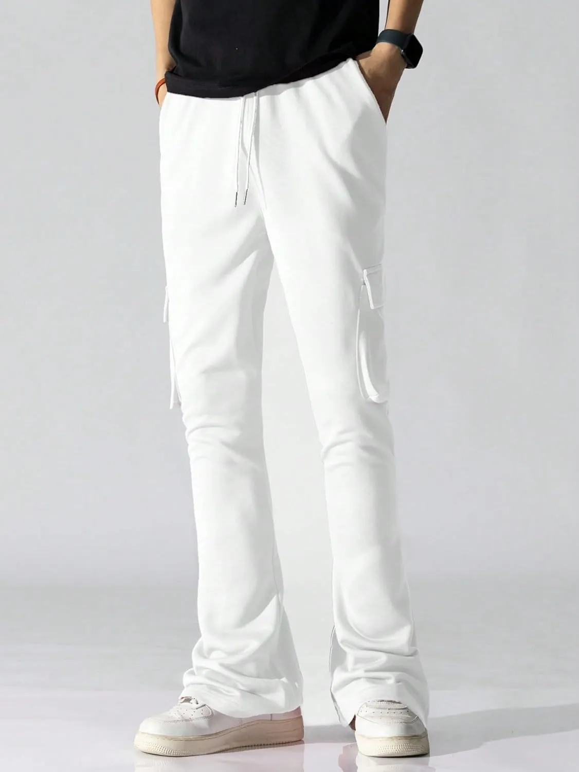 GORGLITTER Men's Stacked Wide Leg Cargo Pants Baggy Y2K Elastic Drawstring Trouser Street Pants