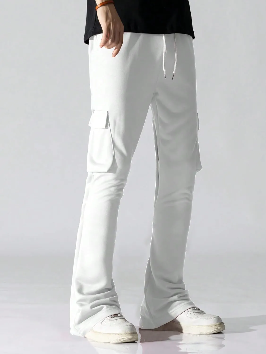 GORGLITTER Men's Stacked Wide Leg Cargo Pants Baggy Y2K Elastic Drawstring Trouser Street Pants