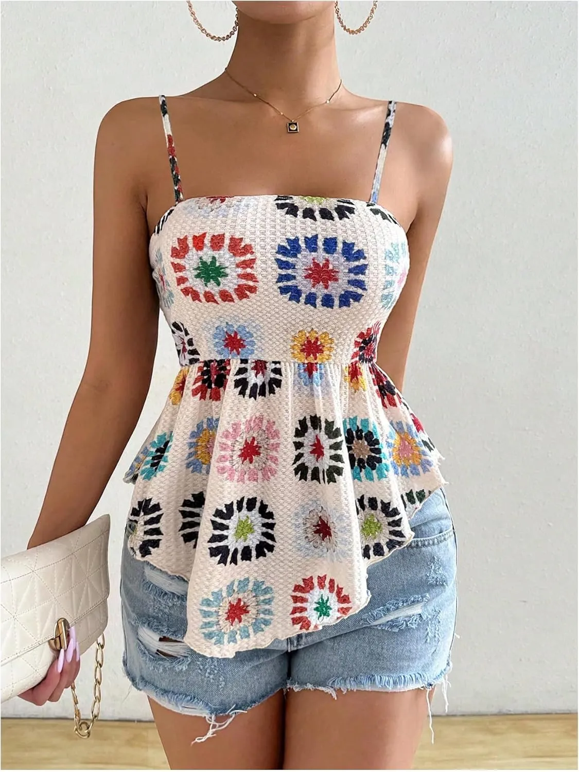 GORGLITTER Women's Asymmetrical Peplum Tops Boho Floral Open Back Sleeveless Spaghetti Strap Cami Summer Going Out Tops