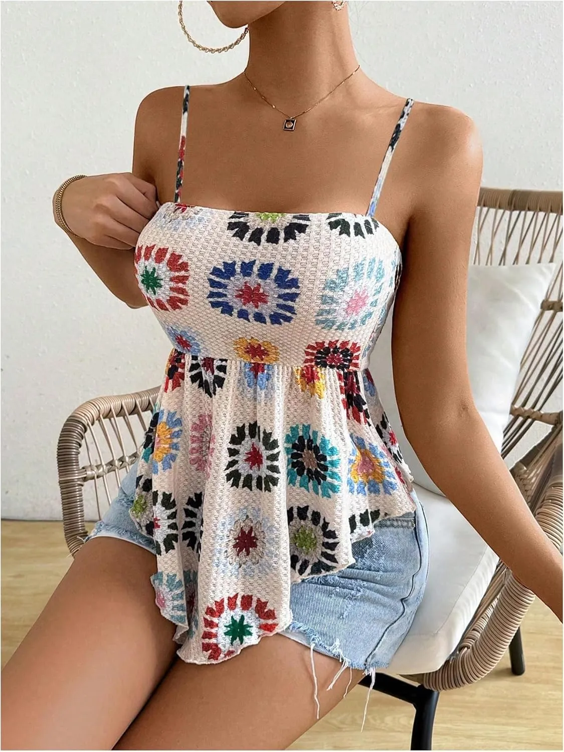 GORGLITTER Women's Asymmetrical Peplum Tops Boho Floral Open Back Sleeveless Spaghetti Strap Cami Summer Going Out Tops