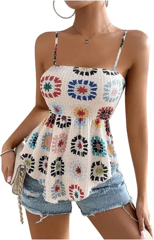 GORGLITTER Women's Asymmetrical Peplum Tops Boho Floral Open Back Sleeveless Spaghetti Strap Cami Summer Going Out Tops
