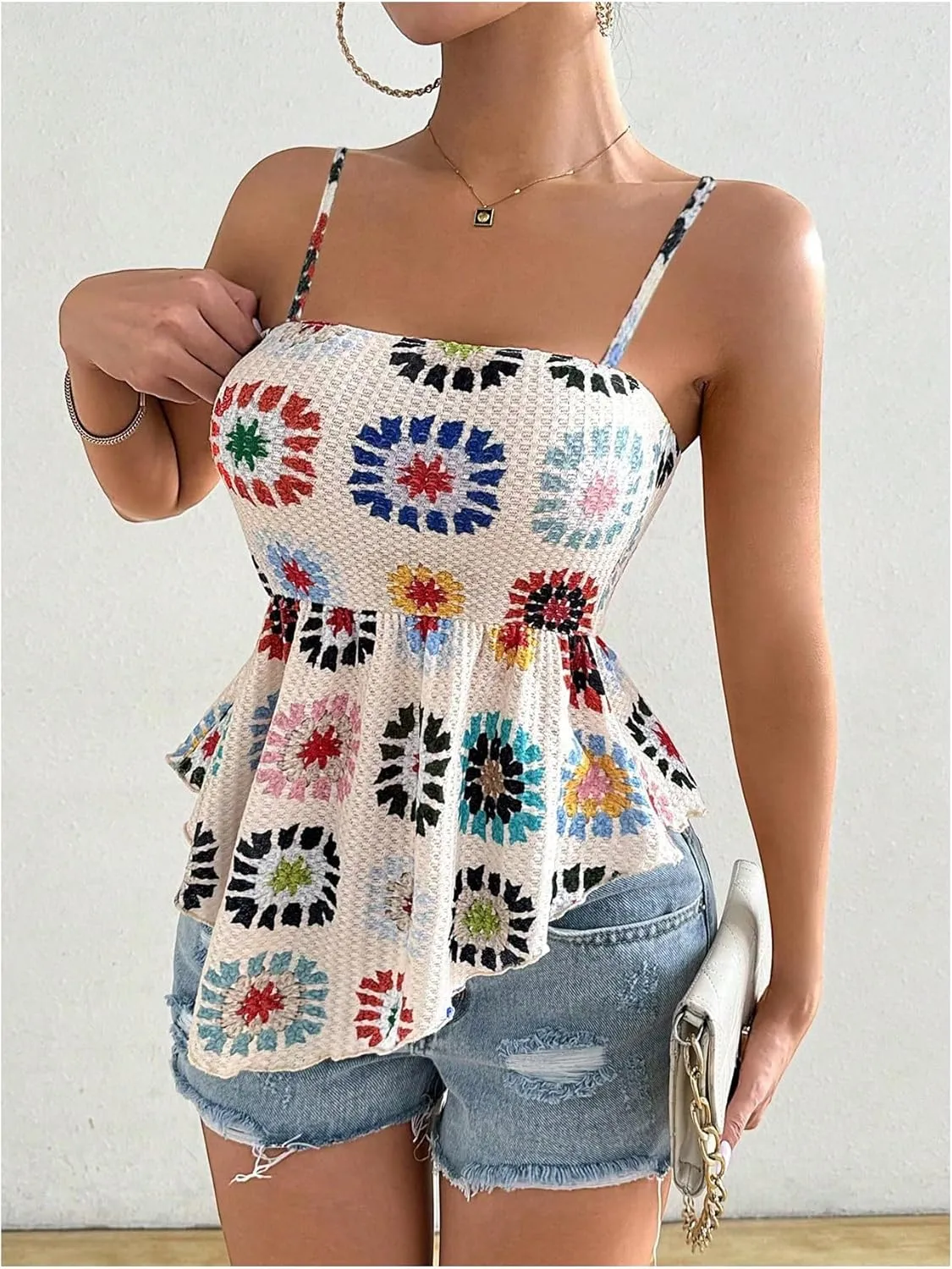 GORGLITTER Women's Asymmetrical Peplum Tops Boho Floral Open Back Sleeveless Spaghetti Strap Cami Summer Going Out Tops