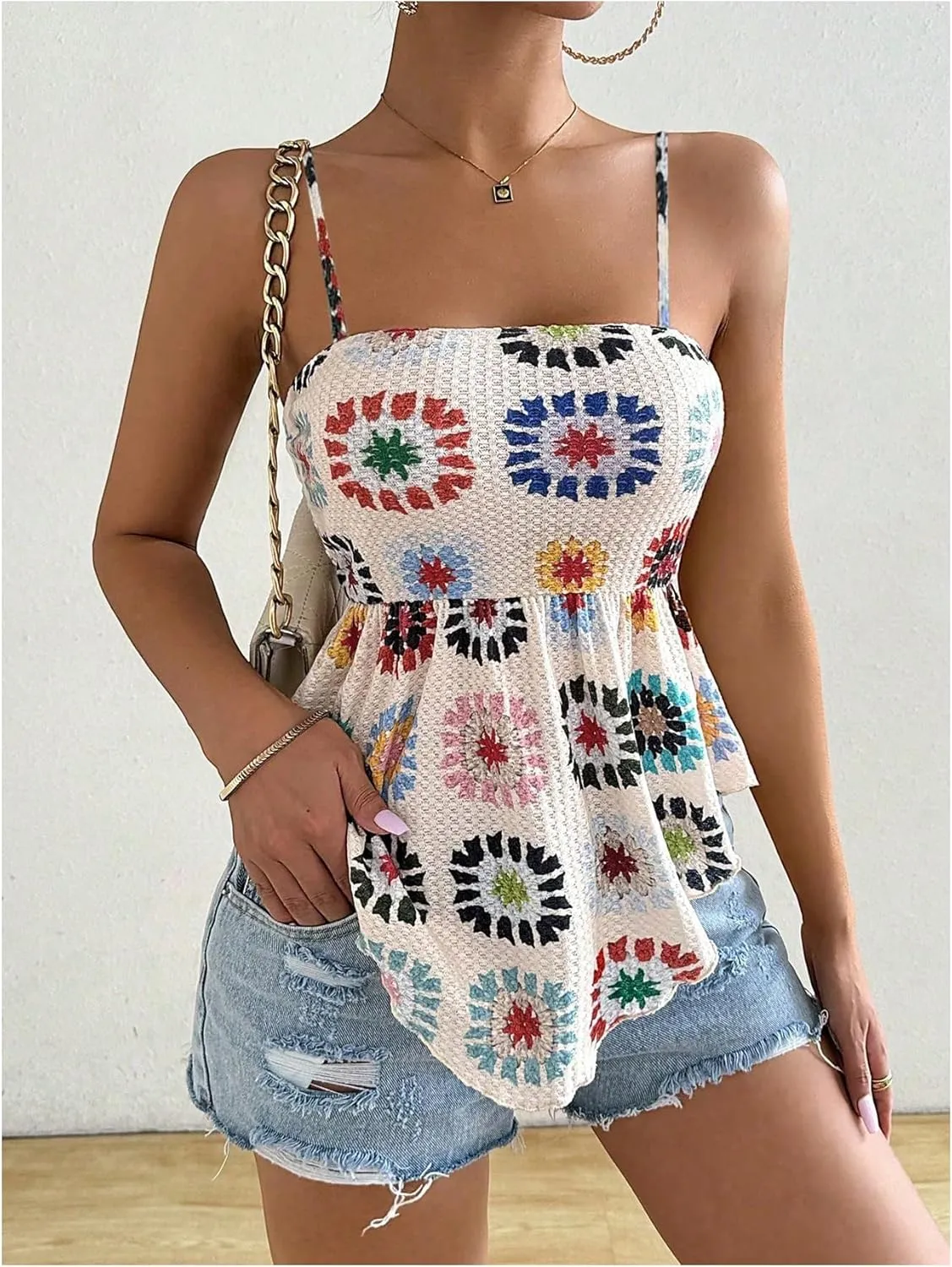 GORGLITTER Women's Asymmetrical Peplum Tops Boho Floral Open Back Sleeveless Spaghetti Strap Cami Summer Going Out Tops