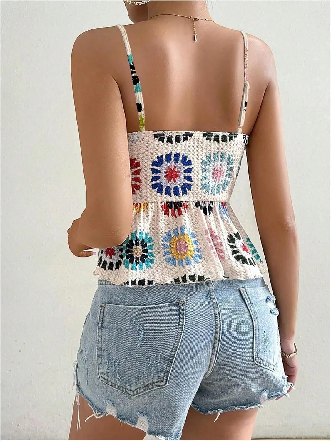 GORGLITTER Women's Asymmetrical Peplum Tops Boho Floral Open Back Sleeveless Spaghetti Strap Cami Summer Going Out Tops