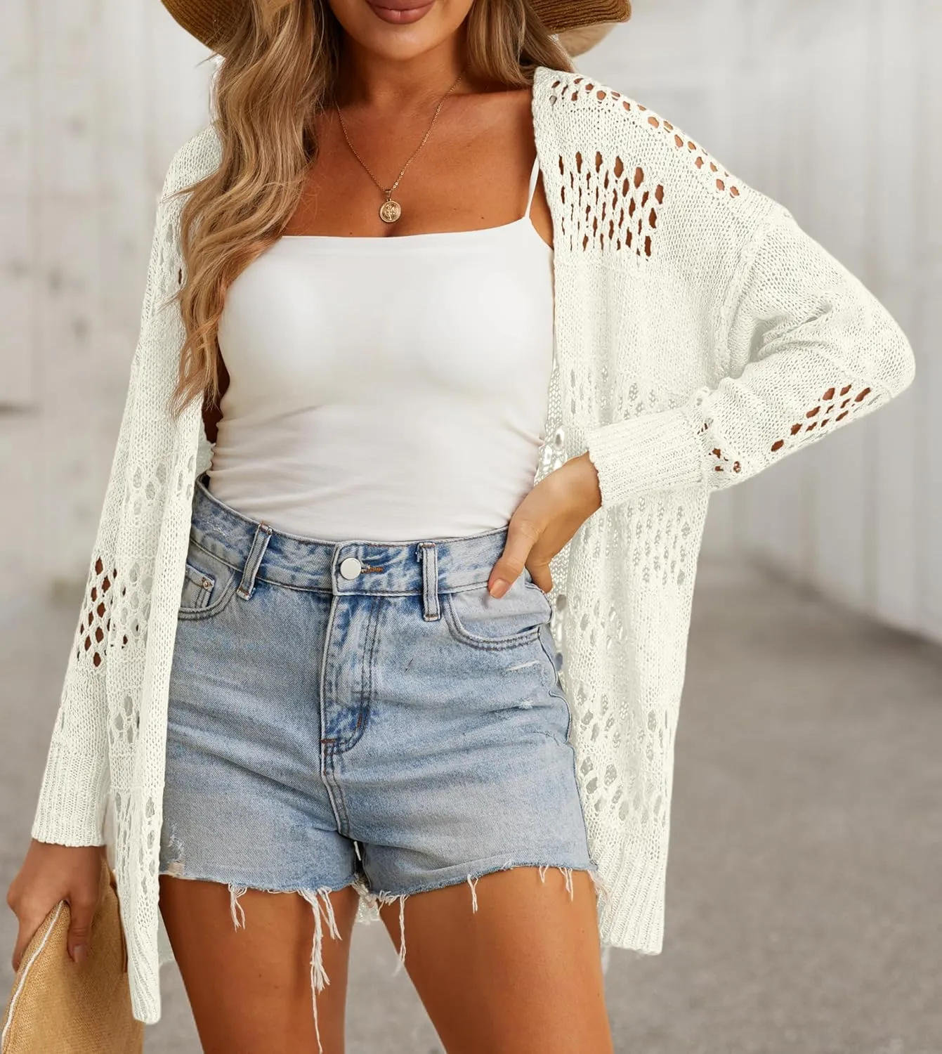 GRECERELLE 2025 Women Summer Crochet Boho Long Sleeve Lightweight Oversized Open Front Cardigan Sweaters Kimonos Tops