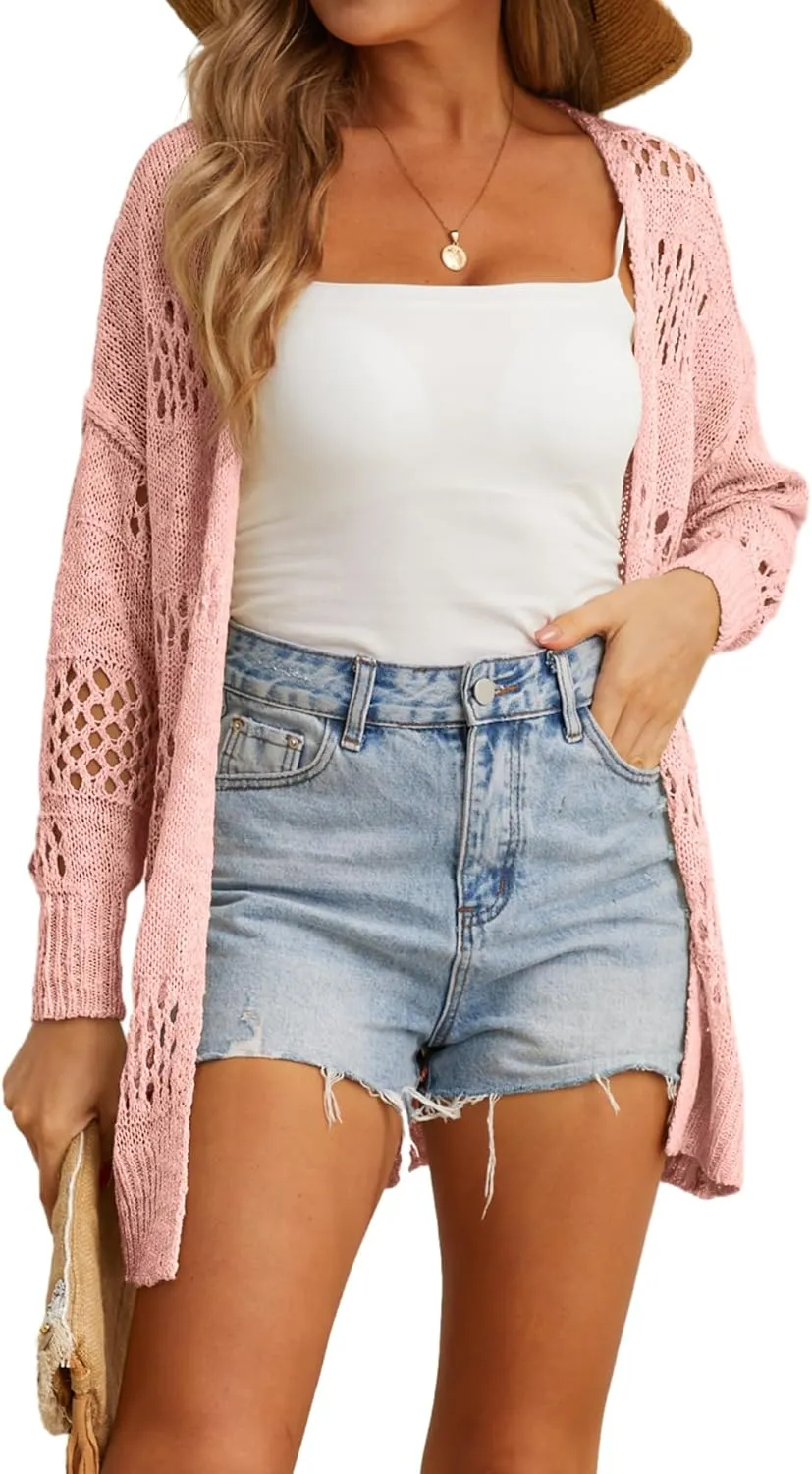 GRECERELLE 2025 Women Summer Crochet Boho Long Sleeve Lightweight Oversized Open Front Cardigan Sweaters Kimonos Tops