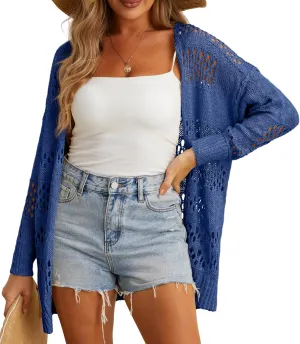 GRECERELLE 2025 Women Summer Crochet Boho Long Sleeve Lightweight Oversized Open Front Cardigan Sweaters Kimonos Tops