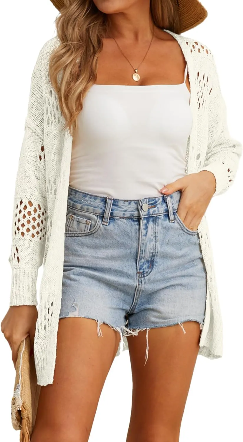 GRECERELLE 2025 Women Summer Crochet Boho Long Sleeve Lightweight Oversized Open Front Cardigan Sweaters Kimonos Tops