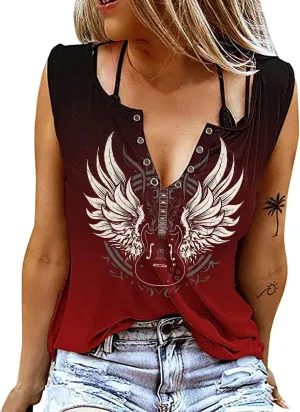 Guitar Wings Tank Tops for Women Retro Country Music Shirt Rock Guitar Graphic Tees Casual V Neck Sleeveless Vest Cami