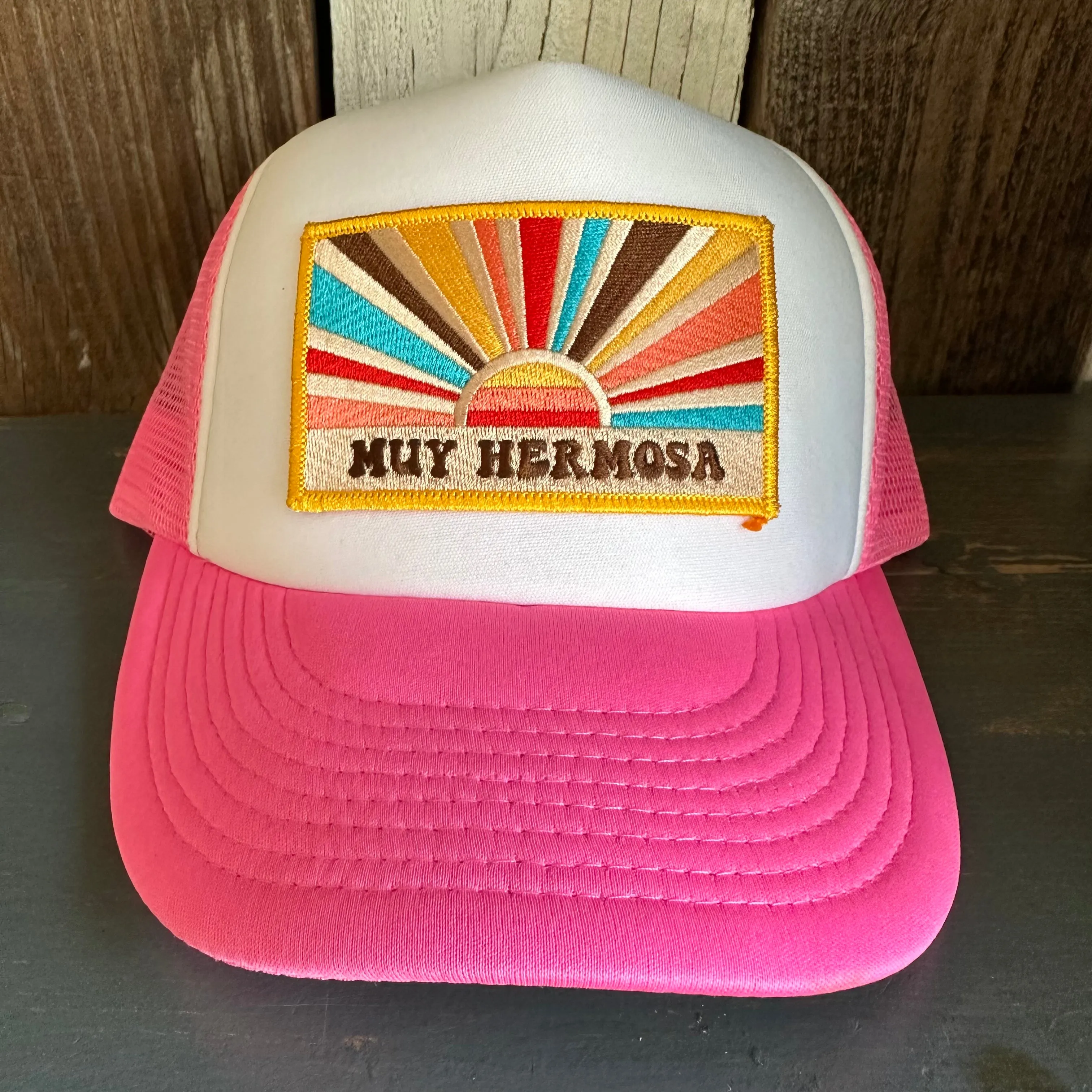 Hermosa Beach MUY HERMOSA High Crown 5 Panel Trucker Cap, Foam/Mesh - Neon Pink/White