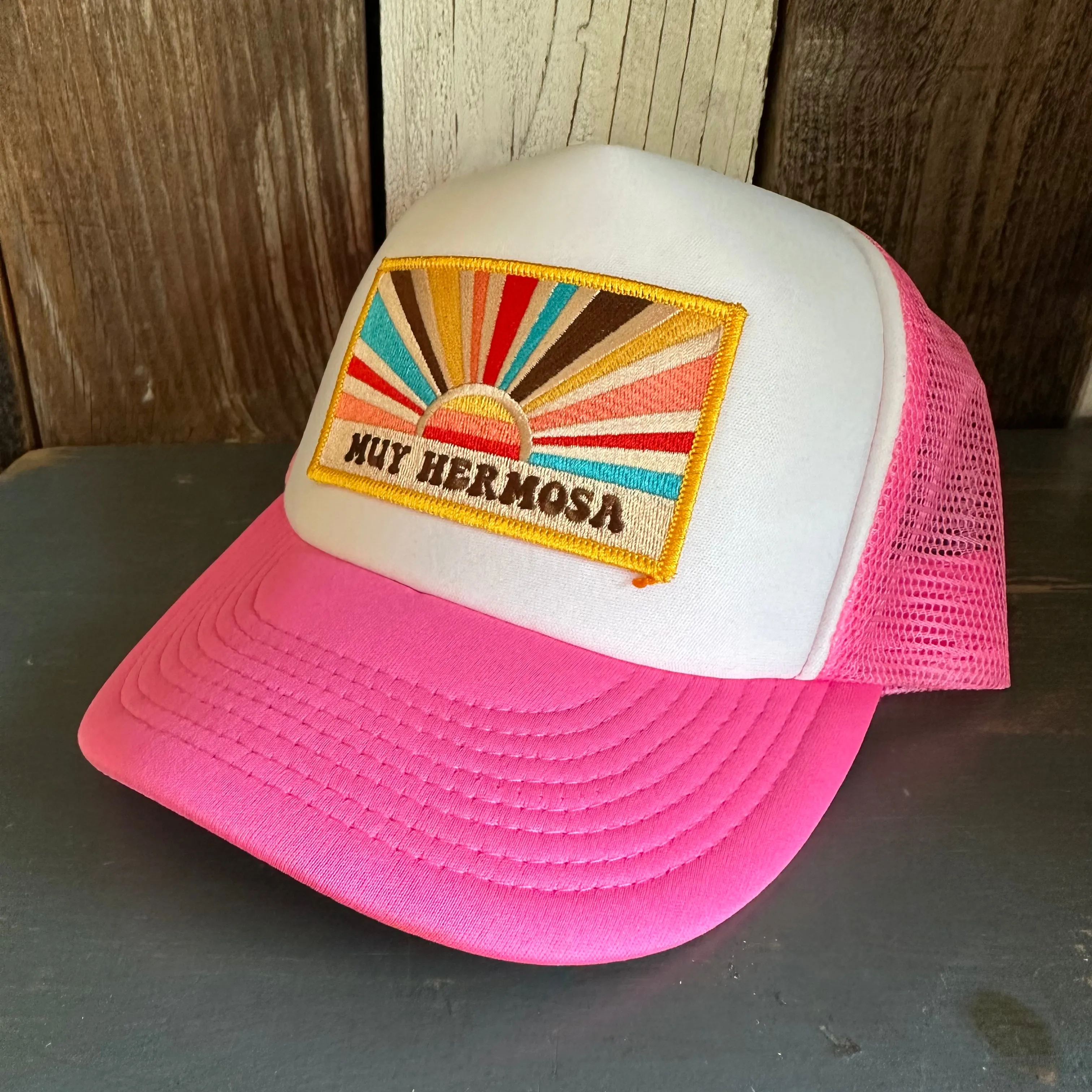 Hermosa Beach MUY HERMOSA High Crown 5 Panel Trucker Cap, Foam/Mesh - Neon Pink/White