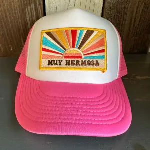 Hermosa Beach MUY HERMOSA High Crown 5 Panel Trucker Cap, Foam/Mesh - Neon Pink/White