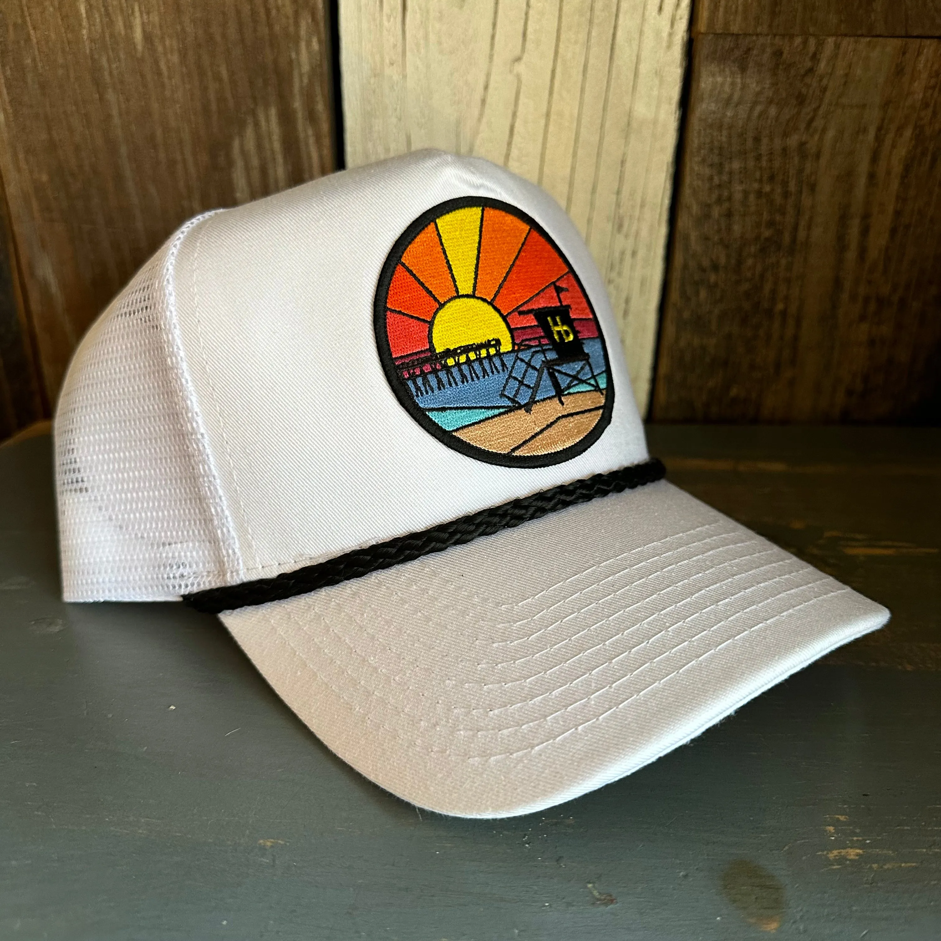 Hermosa Beach OBLIGATORY SUNSET 5 panel Mesh Trucker Rope cap - White/Black Braid