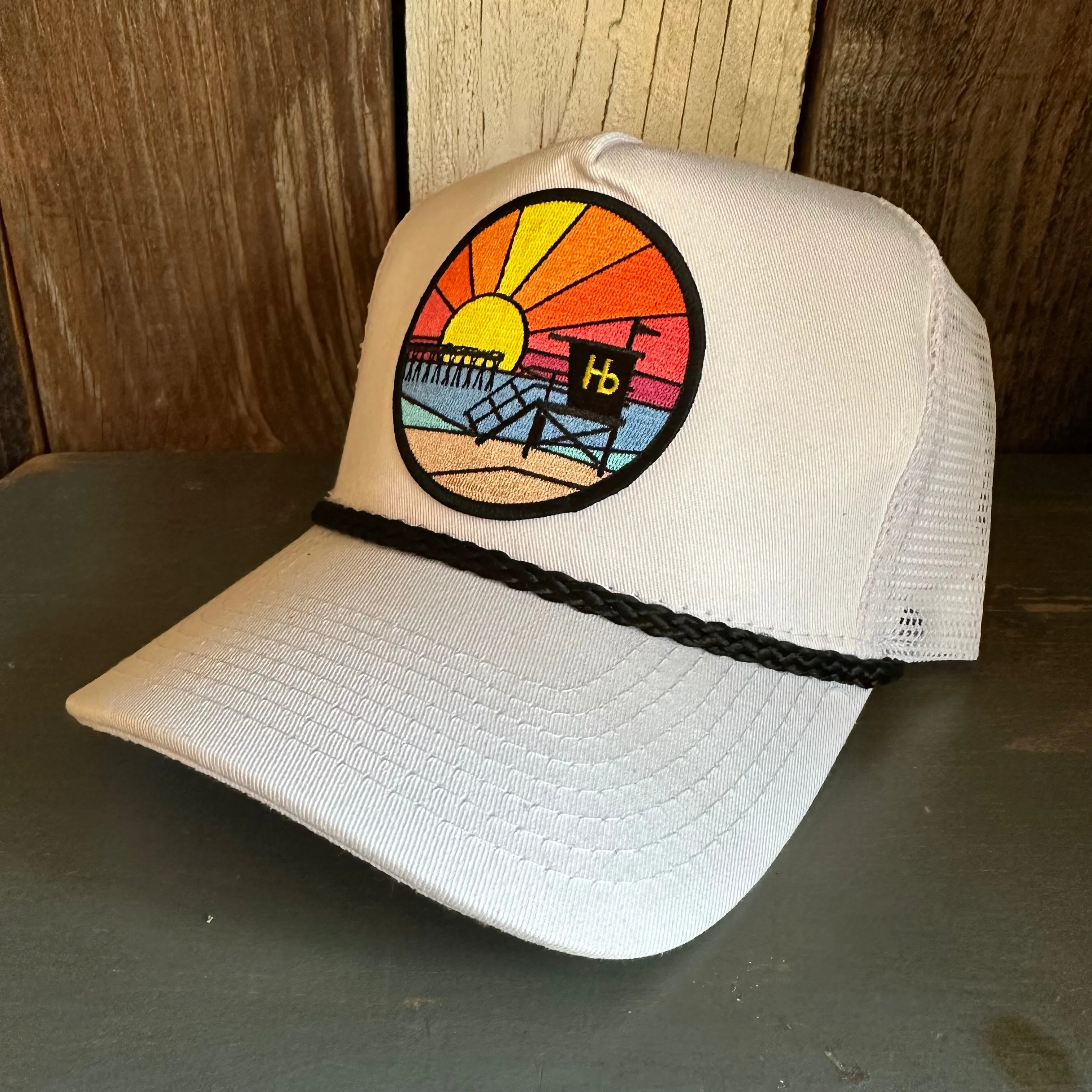 Hermosa Beach OBLIGATORY SUNSET 5 panel Mesh Trucker Rope cap - White/Black Braid