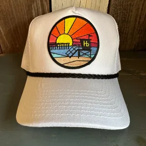 Hermosa Beach OBLIGATORY SUNSET 5 panel Mesh Trucker Rope cap - White/Black Braid