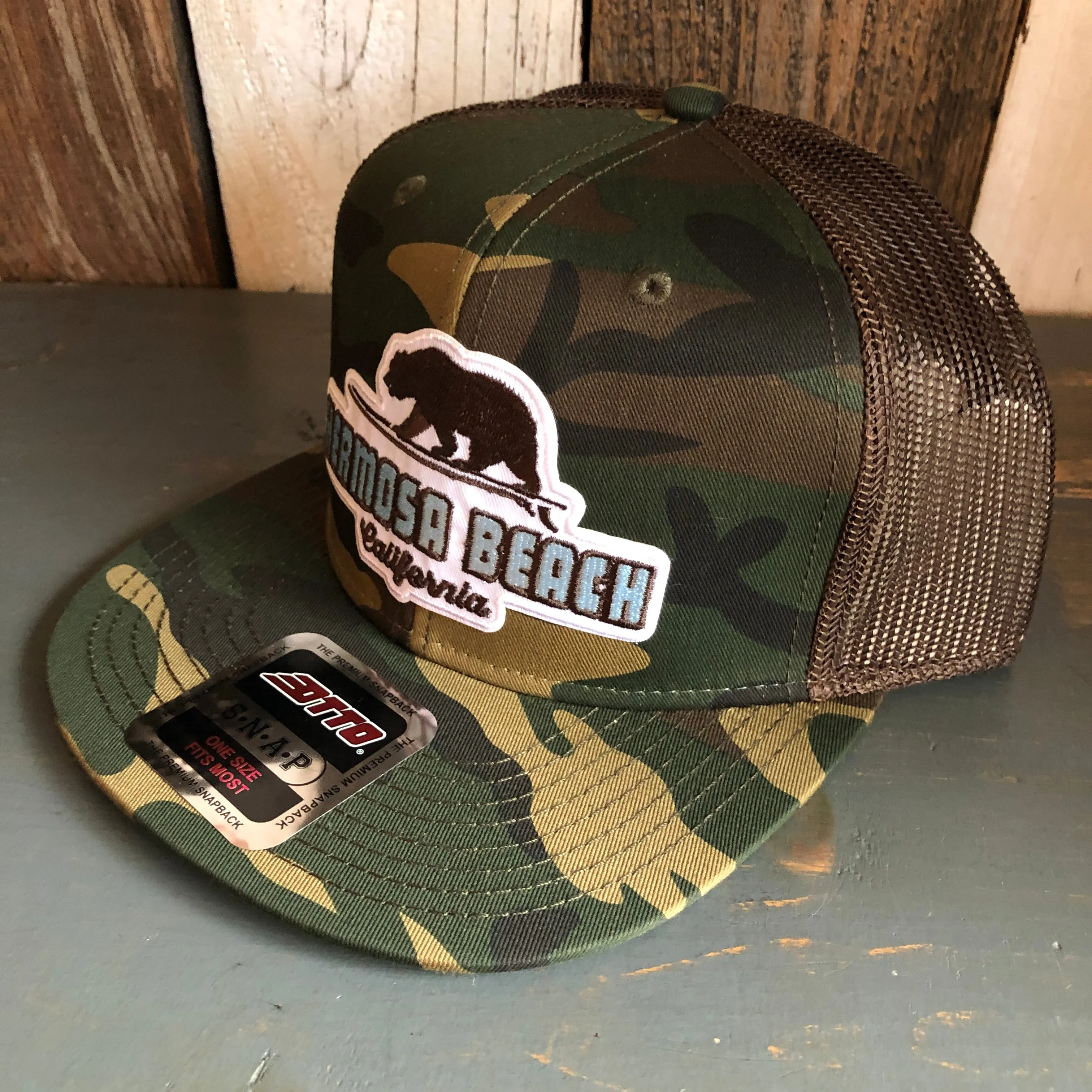 Hermosa Beach SUFING GRIZZLY BEAR Camouflage 6 Panel Mid Profile Mesh Back Snapback Trucker Hat - Dark Green/Brown/Dark Brown