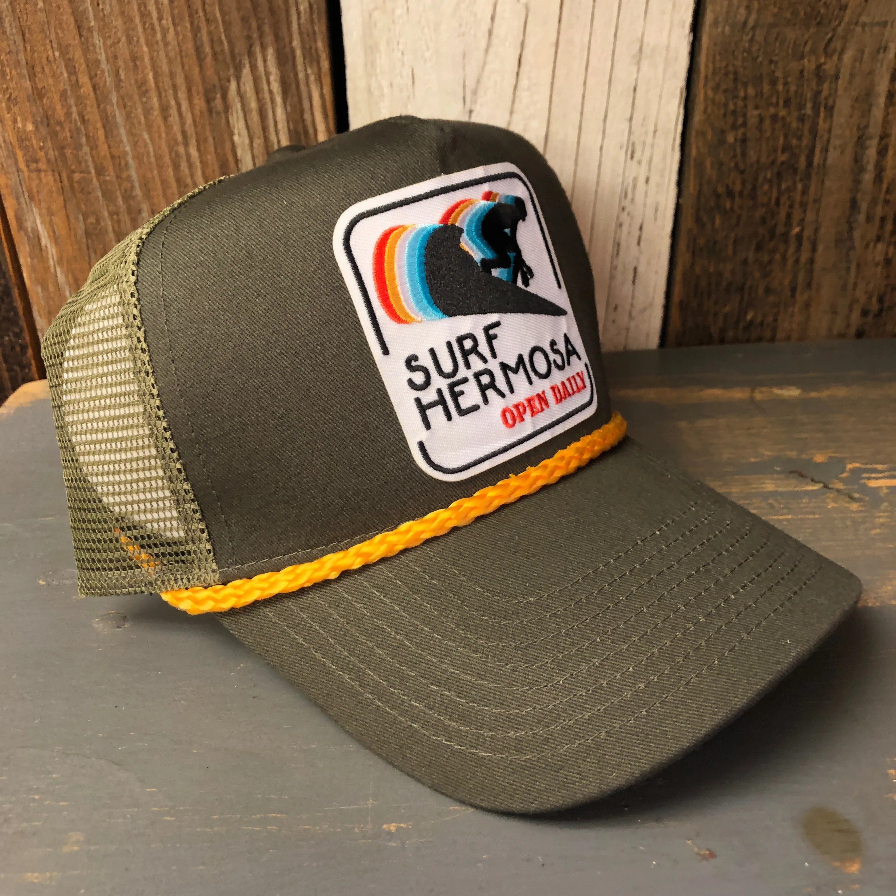 Hermosa Beach SURF HERMOSA :: OPEN DAILY 5 panel Mesh Trucker, Rope cap - Loden/Gold Braid