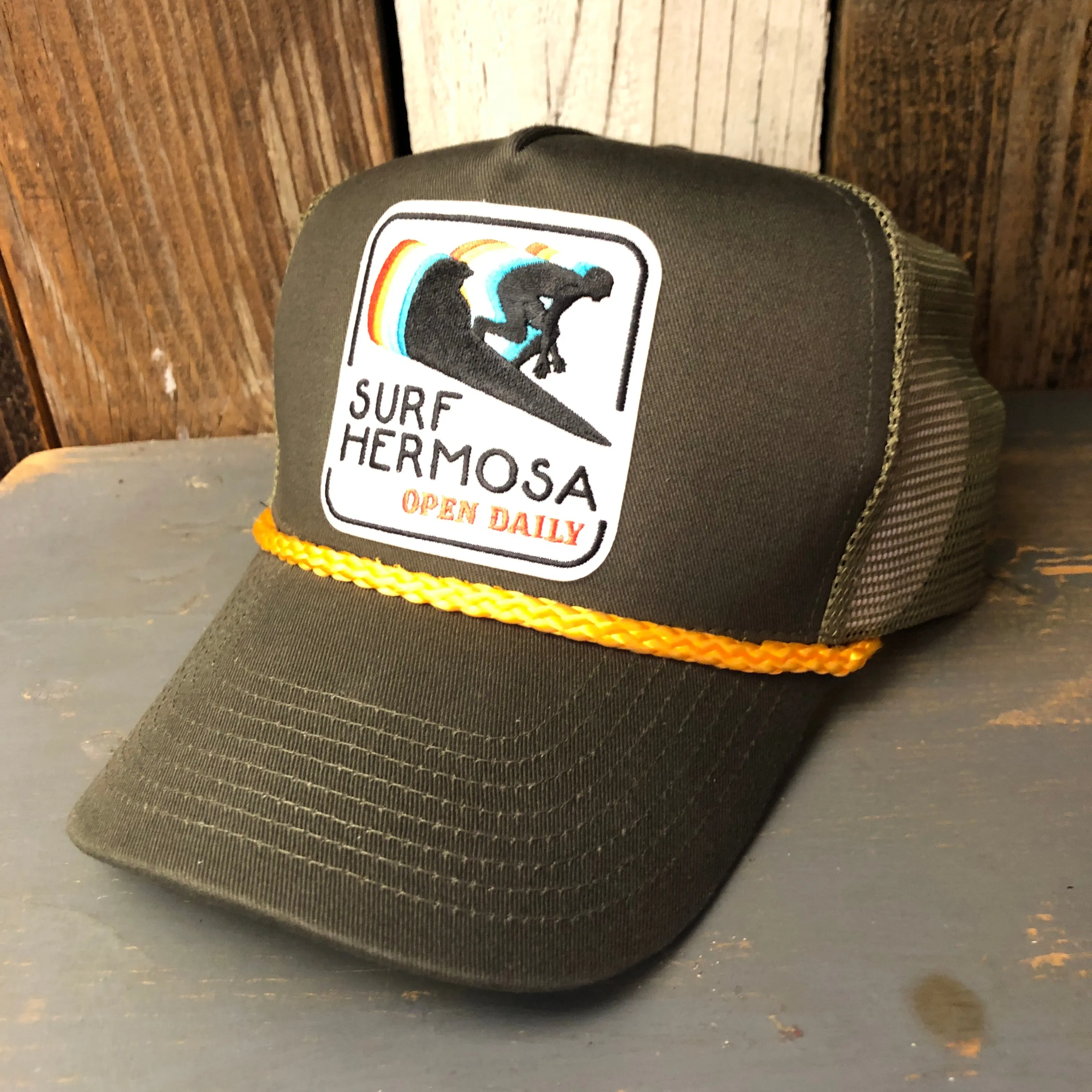 Hermosa Beach SURF HERMOSA :: OPEN DAILY 5 panel Mesh Trucker, Rope cap - Loden/Gold Braid