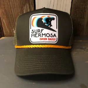Hermosa Beach SURF HERMOSA :: OPEN DAILY 5 panel Mesh Trucker, Rope cap - Loden/Gold Braid