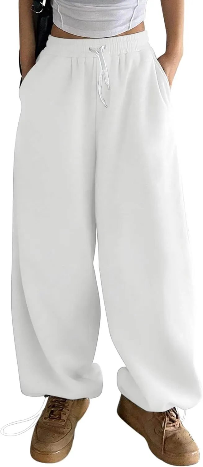 HeSaYep Fleece Lined Sweatpants for Women Winter Warm Wide Leg Drawstring Cuffs Baggy Sweat Pants with Pockets