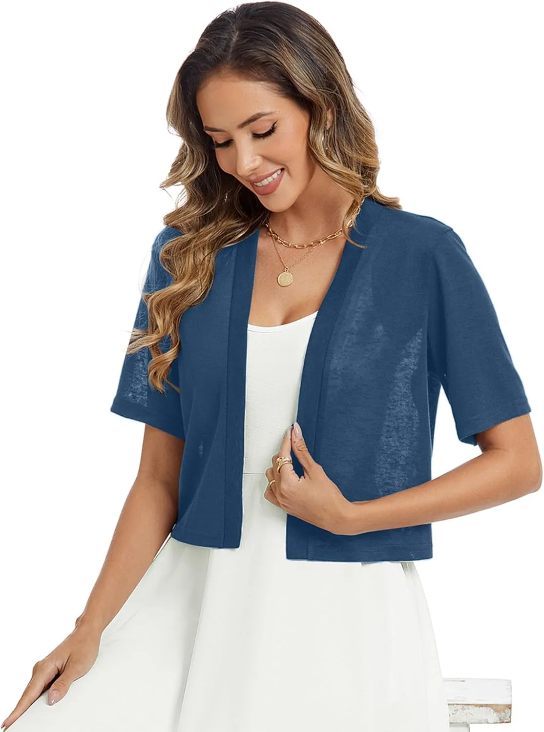 Heymoments Women's Thin Shrugs Short Sleeve Lightweight Cropped Tops Open Front Knitted Cardigan for Dress Summer Bolero