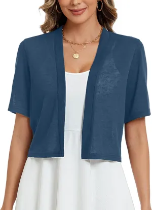 Heymoments Women's Thin Shrugs Short Sleeve Lightweight Cropped Tops Open Front Knitted Cardigan for Dress Summer Bolero