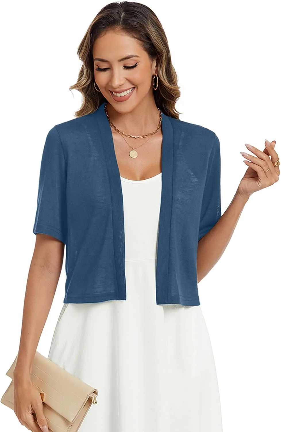 Heymoments Women's Thin Shrugs Short Sleeve Lightweight Cropped Tops Open Front Knitted Cardigan for Dress Summer Bolero