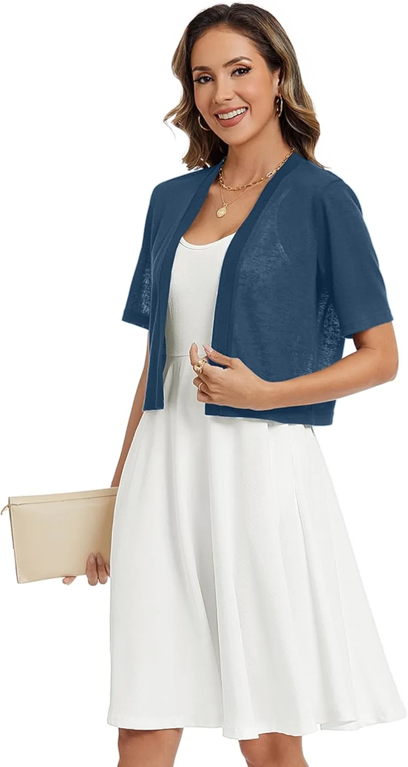 Heymoments Women's Thin Shrugs Short Sleeve Lightweight Cropped Tops Open Front Knitted Cardigan for Dress Summer Bolero